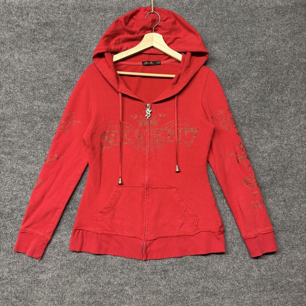 Seven7 Hoodie Womens M Red Full Zip Glitter Crown Graphic Sweatshirt Y2K Grunge